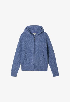 Blue textured hoodie with a zip front, two front pockets, and a hood. Features a cable-knit pattern and ribbed cuffs and hem.