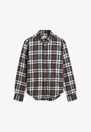 Camicia a scacchi con maniche lunghe, in colori blu navy, marrone, verde e bianco. Colletto con bottoni e chiusura frontale con bottoni.