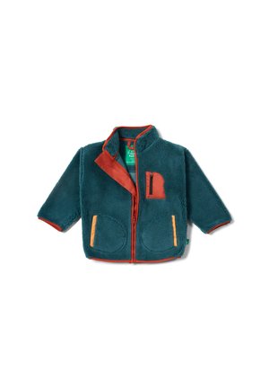 Türkisfarbene Fleecejacke mit orangefarbenen Akzenten, hohem Kragen, vorderem Reißverschluss, zwei großen runden Taschen und einer kleinen Brusttasche.