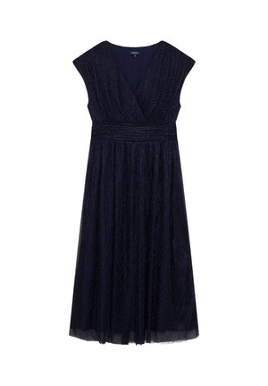 Mouwloze marineblauwe midi-jurk met V-hals, aangesloten tailleband en gestructureerde stof, ontworpen voor formele of semi-formele gelegenheden.