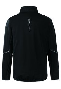 Schwarze Jacke mit hohem Kragen, ausgestattet mit reflektierenden Details auf der Rückseite und den Seiten. Glatte Textur, aerodynamisches Design und elastische Bündchen.