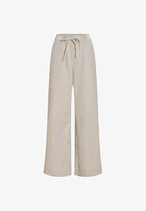Pantalon large à rayures verticales beige et blanches avec taille élastique et cordon de serrage devant.
