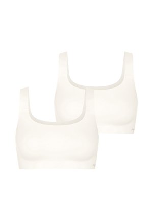 Twee witte bralettes met brede bandjes, een ronde halslijn en glad, rekbaar materiaal. Geen zichtbare sluitingen of versieringen.