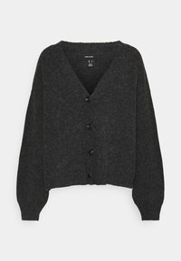 Cárdigan gris oscuro hecho de un tejido texturizado, con cuello en v, mangas largas y cinco botones negros en el frente.