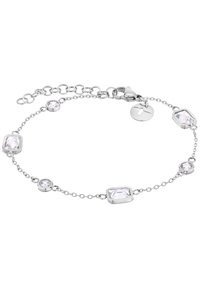 Zilveren armband met rechthoekige en ronde transparante kristallen, verbonden door een delicaat ketting met een kreeftsluiting en een verstelbare lengte.