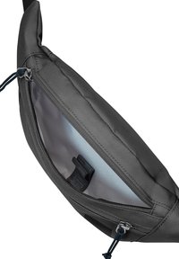 Borsa a tracolla in tessuto grigio e texture con tasca con zip. L'interno presenta una fodera chiara e un piccolo etichetta. Forma compatta e snella.