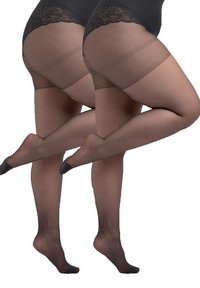 Zwarte doorschijnende panty’s met een bloemenkantband aan de bovenkant en verstevigde teenzones. Het materiaal is glad met een semi-transparante afwerking.