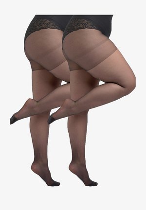Zwarte doorschijnende panty’s met een bloemenkantband aan de bovenkant en verstevigde teenzones. Het materiaal is glad met een semi-transparante afwerking.