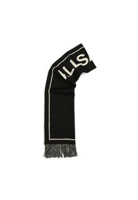 Sort tørklæde med hvid tekst og kant, med frynser i kanterne. Lavet af blødt materiale, har det en rektangulær form med et simpelt design.