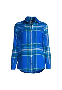 Camicia button-up caratterizzata da un motivo a quadri blu con dettagli verdi e bianchi. Realizzata in tessuto morbido con colletto a punta e maniche lunghe.