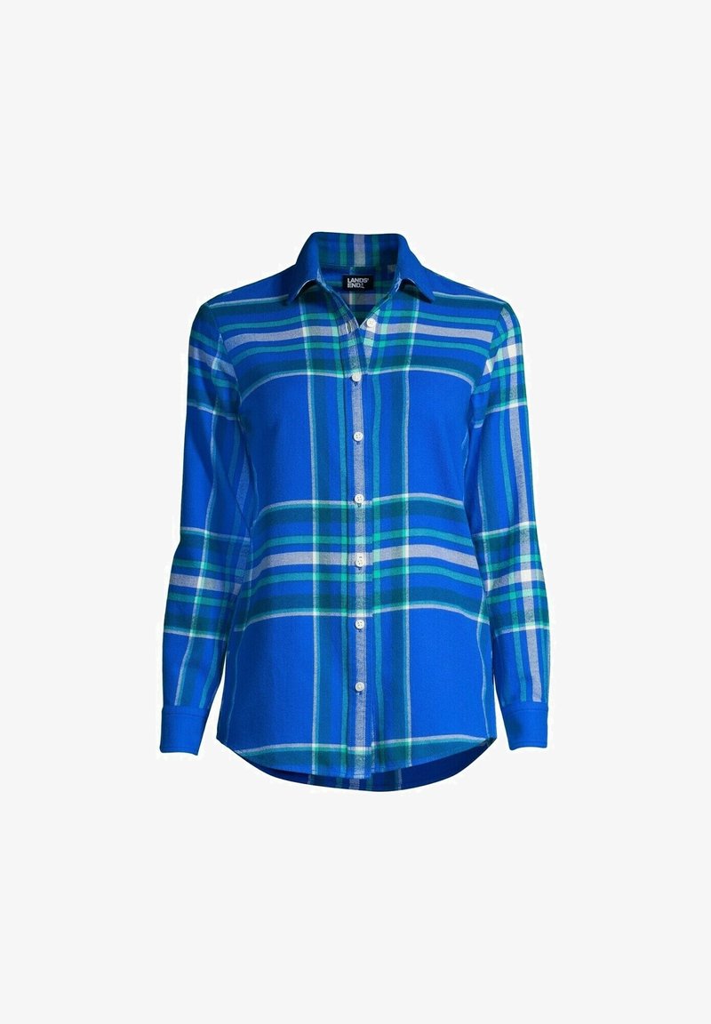 Knapp-up skjorta med ett blå rutmönster och gröna och vita detaljer. Tillverkad av mjukt tyg med spetsig krage och långa ärmar.
