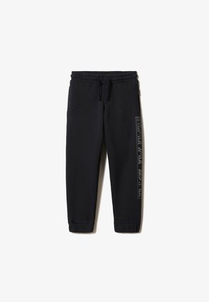 Pantalon de jogging noir avec taille élastique, cordon de serrage et poignets, avec un texte blanc vertical sur la jambe droite.