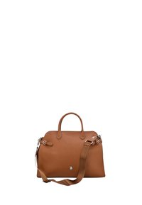 Borsa a tracolla in pelle marrone con manici doppi e una tracolla rimovibile. Presenta un logo argento sulla parte anteriore e un design liscio e strutturato.