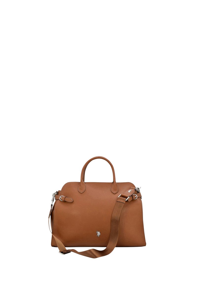 Borsa a tracolla in pelle marrone con manici doppi e una tracolla rimovibile. Presenta un logo argento sulla parte anteriore e un design liscio e strutturato.