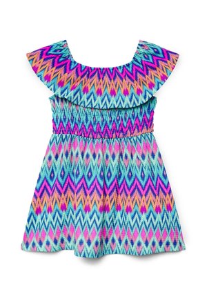 Abito colorato con spalle scoperte e motivo a zigzag in blu, rosa, viola e arancione, con scollo arricciato e gonna svasata.
