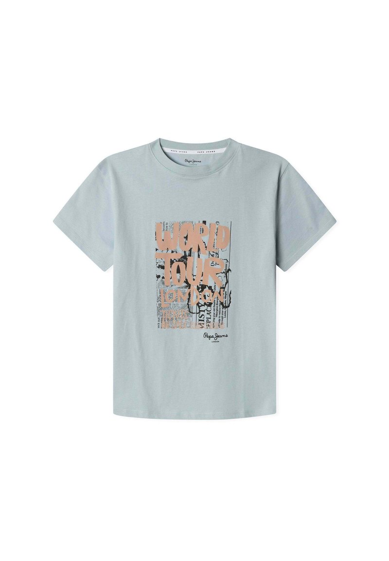 Světle modré bavlněné tričko s krátkým rukávem. Disponuje grafickým potiskem v oranžové a černé barvě s textem a logem "WORLD TOUR LONDON" ve spodní části.