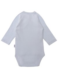 Light blue ribbed long-sleeve bodysuit with a crew neck and snap closure at the bottom, featuring a soft texture.
