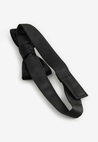 Papillon in satin nero con una texture morbida, caratterizzato da un nodo centrale e due estremità allungate del nastro. Design semplice ed elegante adatto per abiti formali.