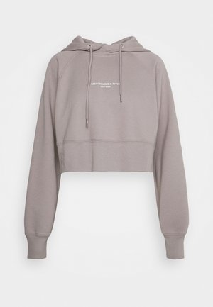 Lichtbruine cropped hoodie met lange mouwen, koordjes aan de voorkant en de tekst "Abercrombie & Fitch New York" op de borst.