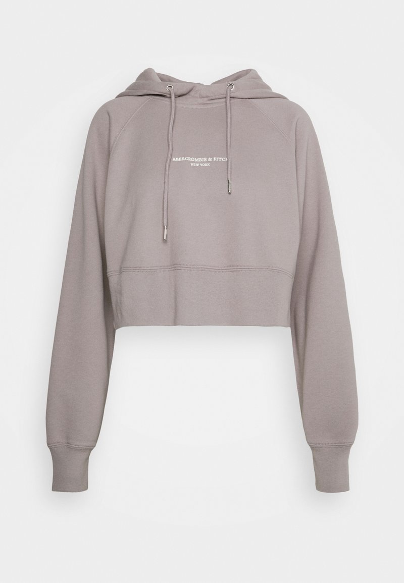Světlě hnědá zkrácená mikina s dlouhými rukávy, předními stahovacími šňůrkami a nápisem "Abercrombie & Fitch New York" na hrudi.