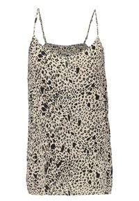 Top beige senza maniche con stampa leopardata nera. Presenta spalline sottili e regolabili e una vestibilità ampia e rilassata. Tessuto morbido con una leggera lucentezza.