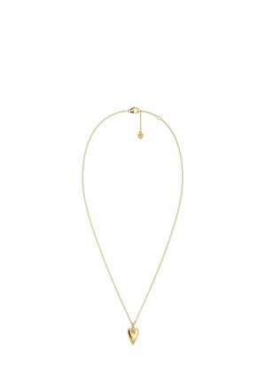 Delicata collana a catena d'oro con un piccolo ciondolo a forma di cuore in oro, accentuato da una fila verticale di piccole pietre trasparenti in cima.