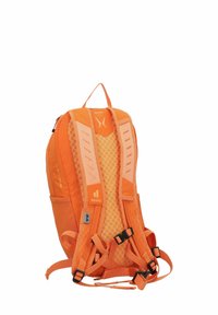 Orange backpack made of durable fabric. Features a mesh back, adjustable straps, and multiple pockets for organization. Lightweight design.