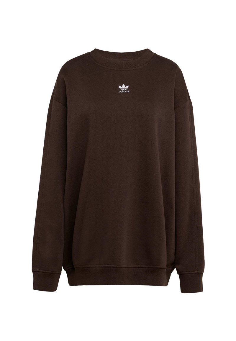 Brown crewneck sweatshirt made of soft fabric. Features a small white Adidas logo on the chest. Loose fit with ribbed cuffs and hem.