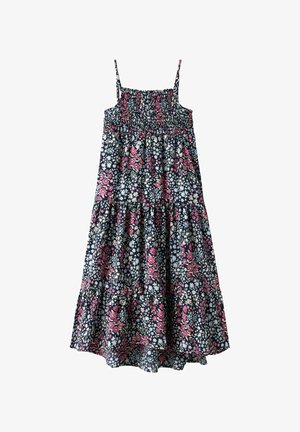 Cvetna poletna obleka z nastavljivimi naramnicami, mornarsko modra osnova in večplastne volančke. Zasnovana z rožnatimi in belimi cvetnimi vzorci na temni podlagi.