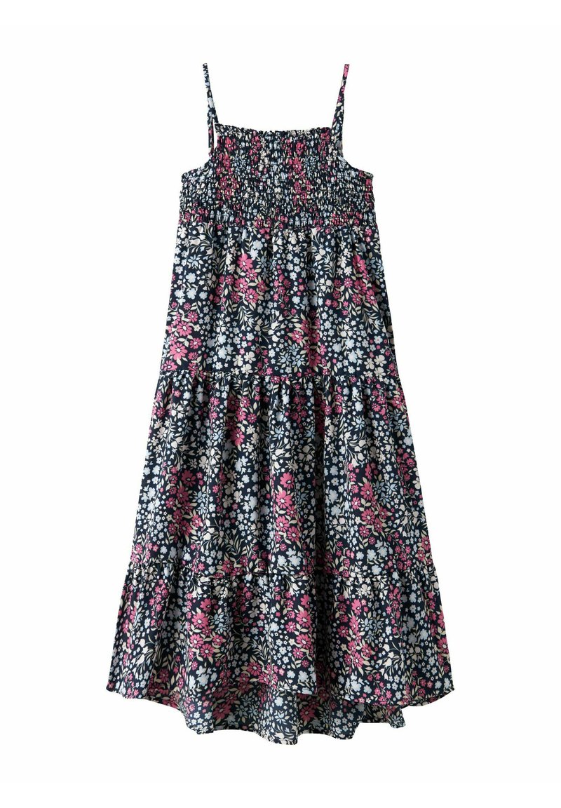 Abito estivo floreale con spalline regolabili, base blu navy e volant a strati. Presenta motivi di fiori rosa e bianchi su uno sfondo scuro.