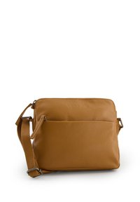 Leather crossbody bag in mustard color. Rectangular shape with textured surface, adjustable strap, and a front pocket. Subtle logo embossed.
