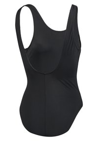 Czarny jednoczęściowy strój kąpielowy z okrągłym dekoltem z tyłu, szerokimi ramiączkami i gładkiego, elastycznego materiału. Posiada dopasowany krój bez ozdób.