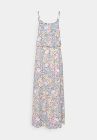 Lyseblå blomster-maxikjole med tynde stropper, samlet talje og livlige mønstre af pink og gule blomster på blødt stof.