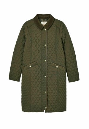 Quilted olive green coat with a collar, snap button closure, two front pockets, and diamond pattern texture.