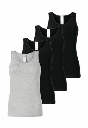 Vier ärmellose Tanktops, drei schwarze und ein graues, überlappend in einer versetzten Anordnung präsentiert.