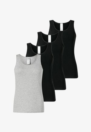 Vier ärmellose Tanktops, drei schwarze und ein graues, überlappend in einer versetzten Anordnung präsentiert.