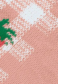 Knitted fabric with a pink background, featuring a grid pattern in white. A green and red illustrated plant is prominently displayed.
