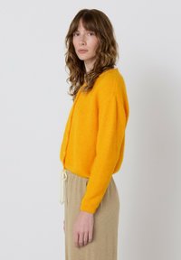 Ryškiai geltonas vilnonis kardiganas laisvo kirpimo, su sagų užsegimu ir siauru ribiniu apačia. Derinamas su smėlio spalvos sijonu, tekstūruota medžiaga.