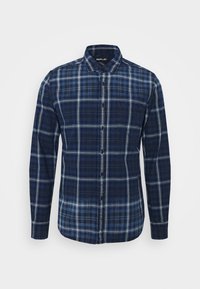 Camicia a maniche lunghe da uomo con bottoni, in tartan blu e nero, dotata di taschino sul petto e colletto classico, etichetta del brand all'interno del colletto.