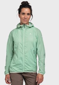 Helles grünes, leichtes Jacket mit Kapuze, Reißverschluss vorne, Seitentaschen und elastischen Bündchen. Glatte Textur mit minimalistischen Designelementen.