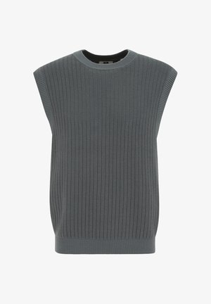 Graue, gestrickte ärmellose Pulloverweste mit einem gerippten Rundhalsausschnitt, Armausschnitten und Saum, mit einem strukturierten vertikalen Muster.