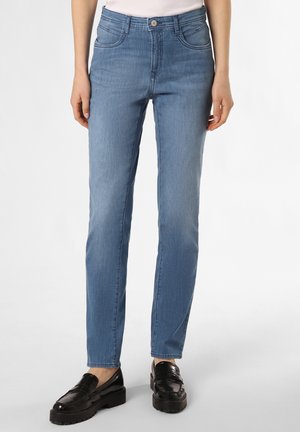 Light blue denim jeans with a straight-leg fit, five pockets, and a front button closure, paired with black loafers.