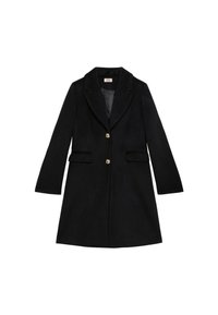 Cappotto in lana nera con design sartoriale, silhouette allungata, rever a scialle, due tasche frontali e accenti di bottoni dorati. Texture liscia.