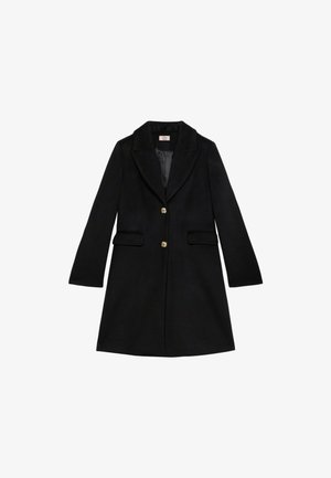 Černý vlněný kabát s precizním designem, prodlouženou siluetou, klopou s výstřihem, dvěma předními kapsami a zlatými knoflíkovými akcenty. Hladká textura.