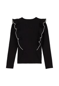 Top nero a maniche lunghe con texture a coste. Presenta un bordo arricciato bianco lungo le spalle e sul retro, scollatura rotonda e vestibilità normale.