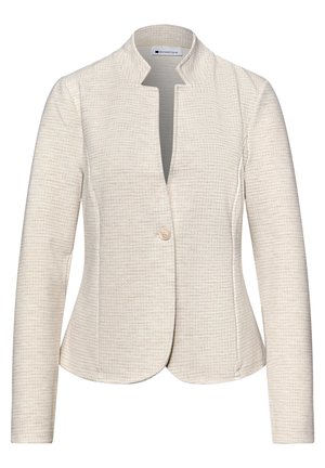 Blazer pour femme crème texturé avec manches longues, fermeture à un bouton et petit col montant.