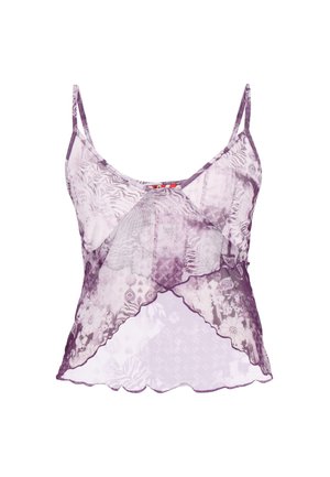 Camicia spalline in chiffon lavanda con motivi floreali e astratti, orlo smerlato e sottili spalline regolabili.