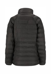 Schwarze Steppjacke mit hohem Kragen, gesteppter Musterung und gerippten Bündchen. Glatte Textur und leichtes Design, geeignet für kaltes Wetter.