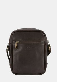 Sac bandoulière en cuir marron foncé avec poche zippée à l'avant et bandoulière réglable avec quincaillerie en laiton.