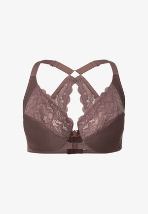 Bra in Braun mit Spitzeneinlage, mit einem überkreuzten Rücken-Design, weichem Material und verstellbaren Trägern. Mit einem Haken-und-Augen-Verschluss befestigt.